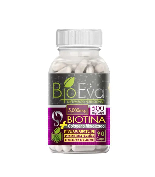 Biotina con Colágeno Hidrolizado en Cápsulas BioEva (90 Cápsulas)